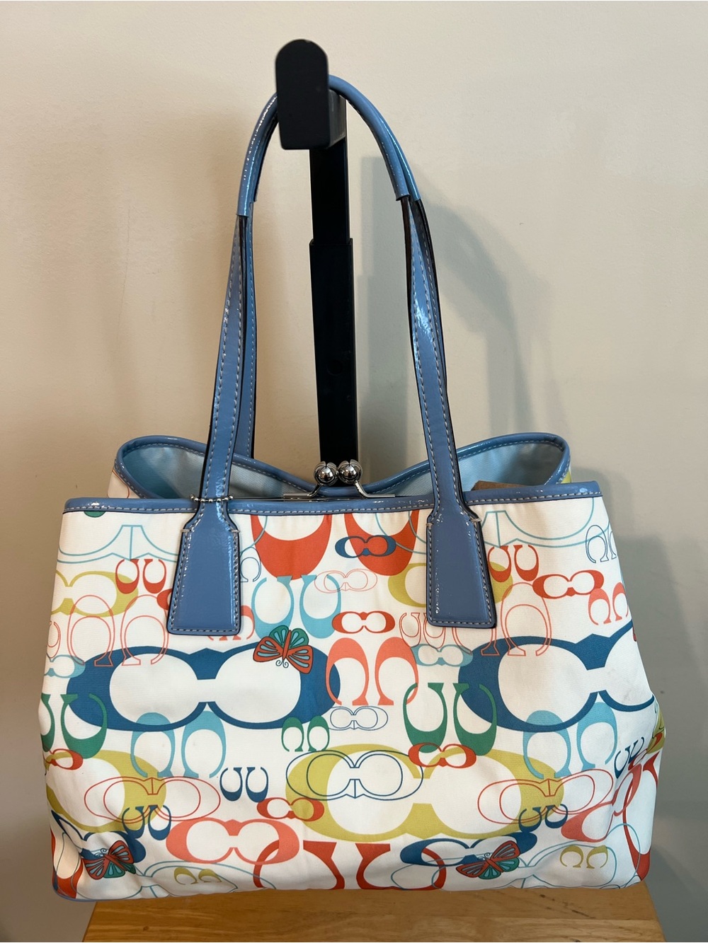 Coach Multicolor Signature Tote with Blue Trim